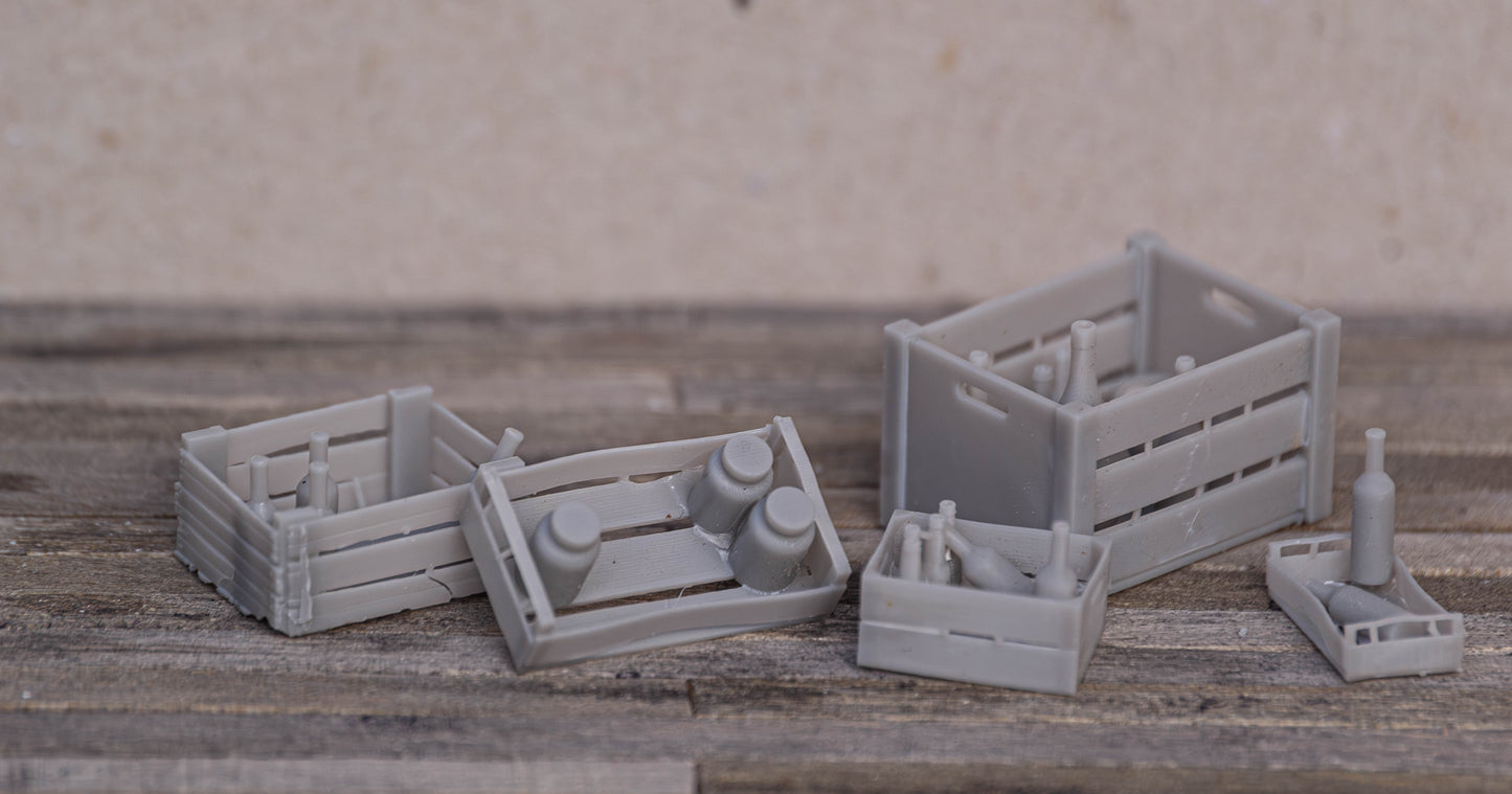 DIY set of crates/w bottles in G/O/S/HO/N scale (1/22.5, 1/48, 1/64, 1/87, 1/160) - CRT-02